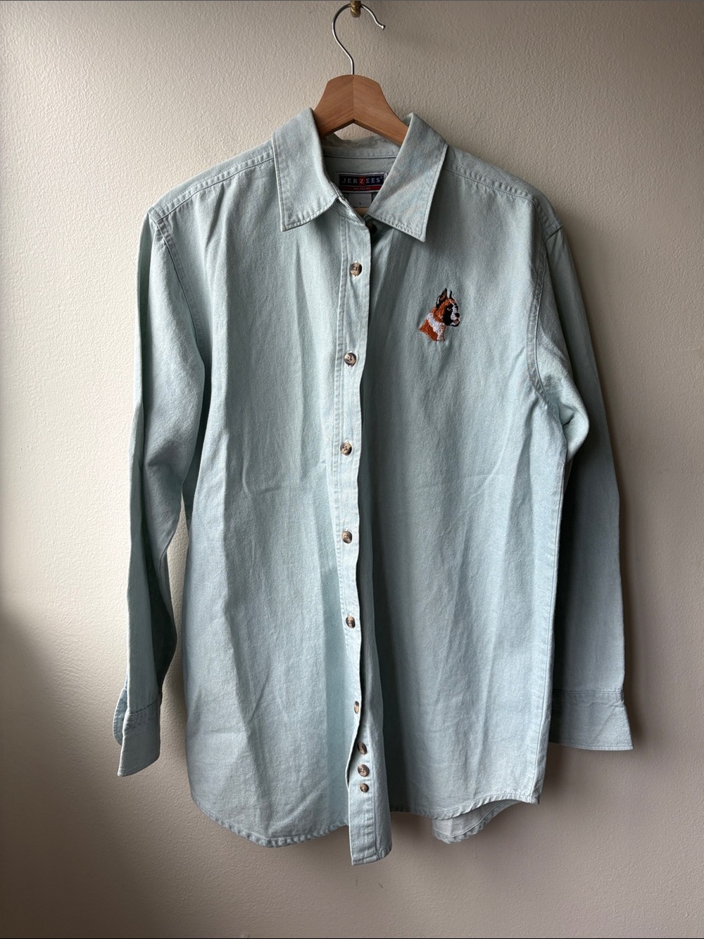 VTG Jerzees Women’s  Light Denim Button Down Shirt with Boxer Embroidery Large